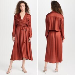 MISA Blair Dress Burnt Orange Satin Midi Long Sleeve Open Back Belted XS NWT